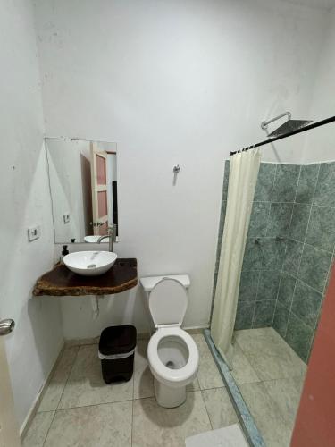 a bathroom with a toilet and a sink at Mahalo Hostel in Salento