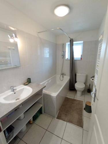 une salle de bain avec une baignoire, un lavabo et des toilettes dans l'établissement Gite le Port, à Loyettes
