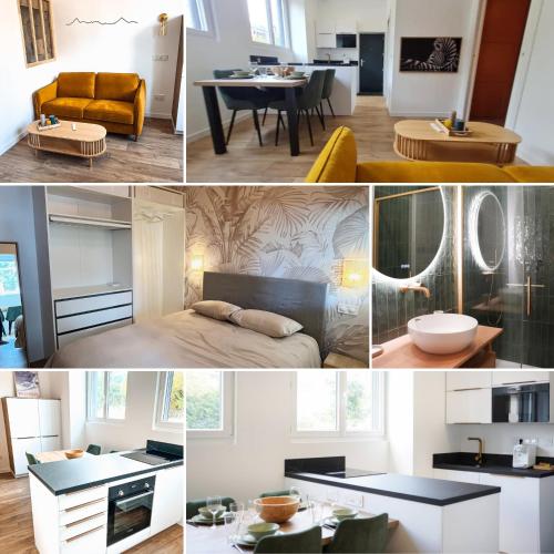 un collage de photos d'un salon et d'une salle à manger dans l'établissement Le Raffiné LOUSTAL-OC TARBES PYRÉNÉES, à Tarbes