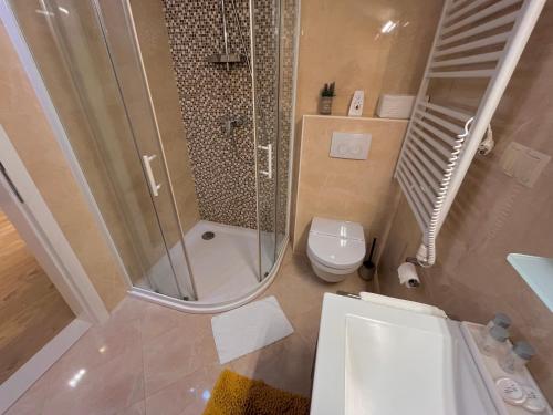 a bathroom with a shower and a toilet and a sink at Top View Residence in Hvar