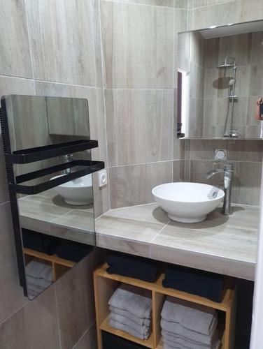 une salle de bain avec un lavabo et un miroir dans l'établissement Jeanne, à La Roche-sur-Foron