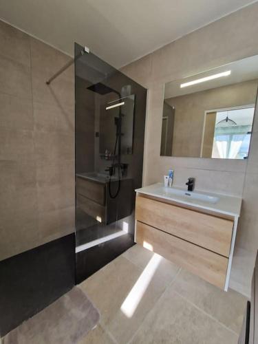 une salle de bain avec un lavabo et un miroir dans l'établissement superbe logement privatif à côté de la via Rhona, à Charmes-sur-Rhône