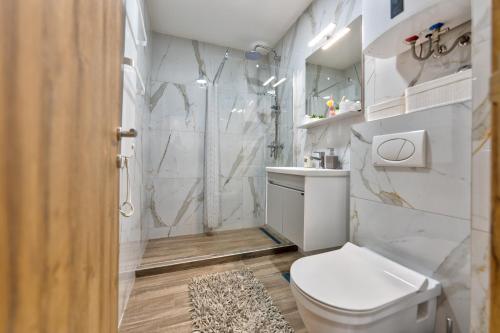 a white bathroom with a toilet and a shower at Harmonija NM in Zlatibor
