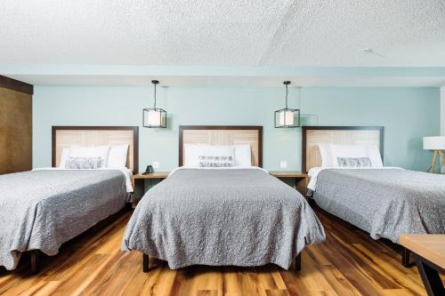 two beds in a room with wood floors and blue walls at The Windstar Hotel - Carolina Beach in Carolina Beach