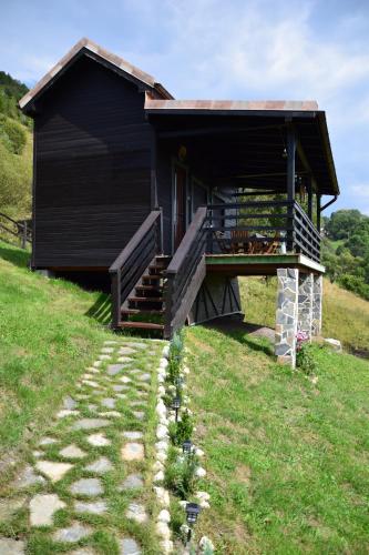a building with a staircase leading to a porch at Magura Rustic Tiny House in Măgura