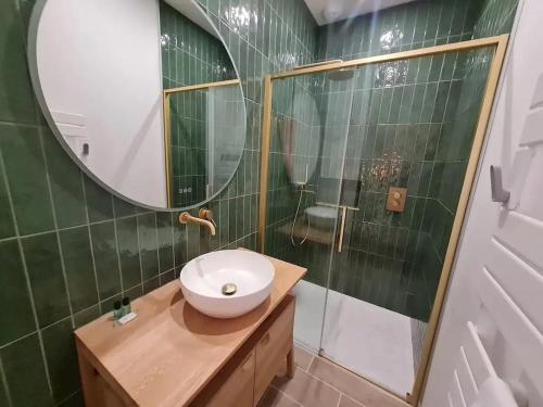 une salle de bain avec un lavabo et un miroir dans l'établissement Le Raffiné LOUSTAL-OC TARBES PYRÉNÉES, à Tarbes