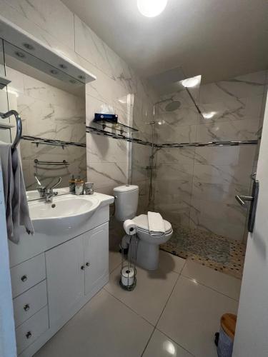 a bathroom with a toilet and a sink and a shower at The little Heaven in Baie Nettle