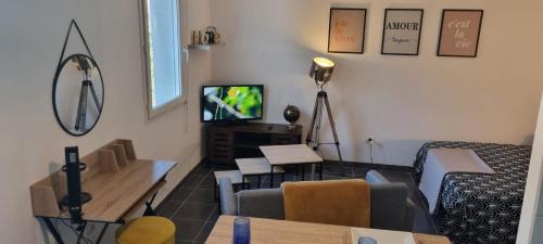 un salon avec un canapé et une télévision dans l'établissement Jardin des oiseaux, à Narbonne