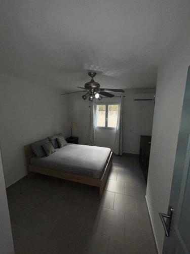 una camera da letto con un letto e un ventilatore a soffitto di Cozy Apt a Koolbaai