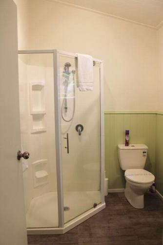 a bathroom with a shower and a toilet at Bobs Haven - Long Bay Coromandel in Coromandel Town