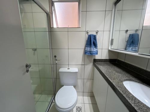 a bathroom with a toilet and a sink and a mirror at Apto com elevador, muito ventilado e aconchegante in Anil
