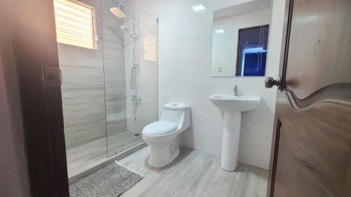 a bathroom with a toilet and a sink and a shower at Proximo al Hospital HOMS 3 minutos monumento in Hato Mayor