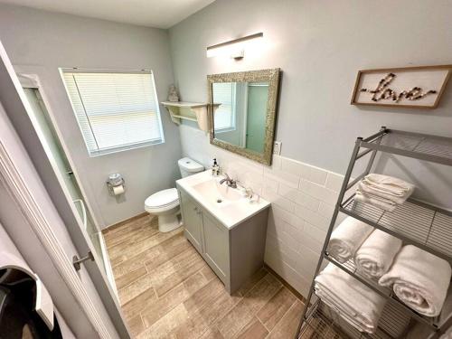 a bathroom with a sink and a toilet and a mirror at Large 3Bedrooms 1 Bath Near DownTown Dining in Winter Haven