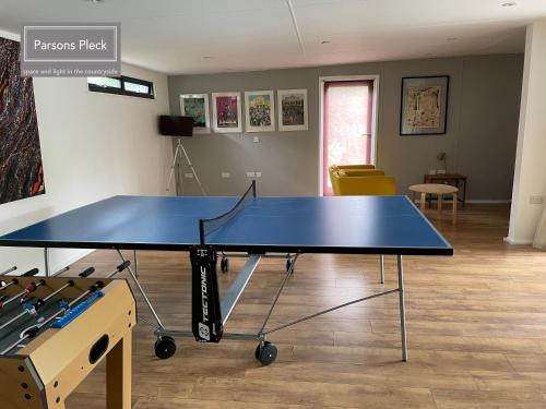 a blue ping pong table in a room at A rural retreat with space and light in Birlingham