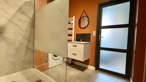 une salle de bain avec une douche, un lavabo et un miroir dans l'établissement Appartement proche gare avec garage, à Rouen