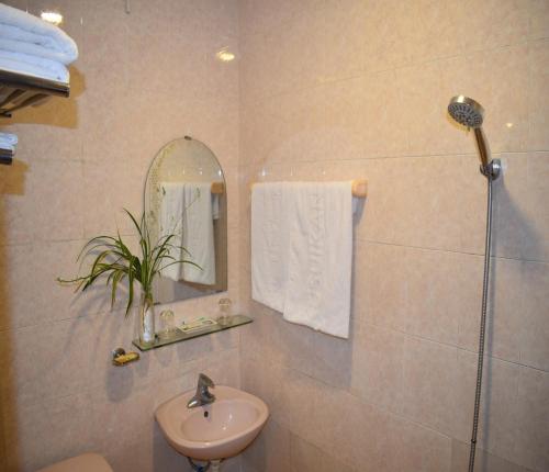 a bathroom with a sink and a toilet and a mirror at Phuong Trang Hotel in Hanoi