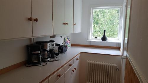 a kitchen counter with a coffee maker and a window at Blackwood Villa in Hålahult