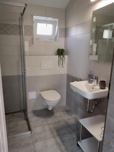 a bathroom with a toilet and a sink at Apartmán u Révy in Bořetice