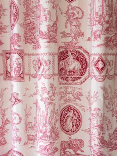 a red and white curtain with drawings on it at Hotel Madeleine De Senlis in Paris