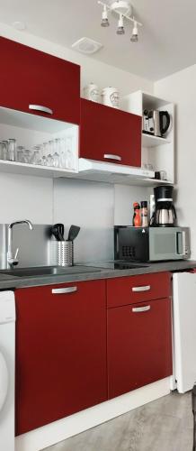 une cuisine avec des armoires rouges et un comptoir dans l'établissement L Éclipse, à Aix-les-Bains