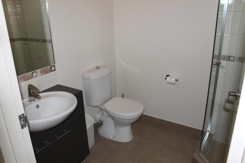 a bathroom with a toilet and a sink and a shower at Mansfield Motel in Mansfield