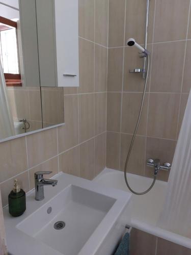 a bathroom with a sink and a shower with a mirror at Goga apartment in Petrcane
