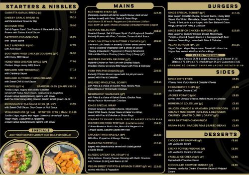 a page of a menu for a restaurant at Kings Hotel in Newmarket