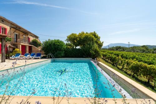 - une piscine en face d'une maison avec un vignoble dans l'établissement Escale des Crozes, à Saint-Romain-en-Viennois