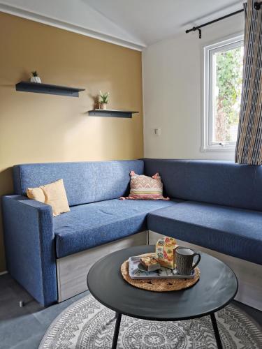 un canapé bleu dans un salon avec une table dans l'établissement Mobile home le Savannah, à Lège-Cap-Ferret