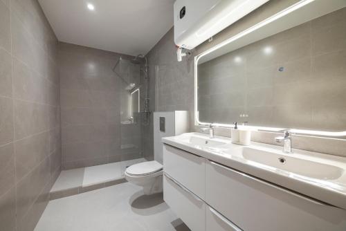 une salle de bain avec un lavabo, des toilettes et un miroir dans l'établissement Appartement spacieux & paisible aux porte de Paris, à Le Pré-Saint-Gervais