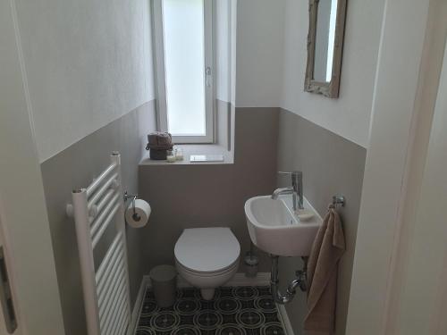 a small bathroom with a toilet and a sink at Villa am Schloss in Werneck