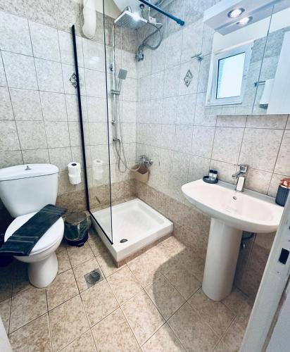a bathroom with a toilet and a sink and a shower at Poppis Apartments in Ierapetra