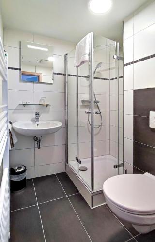 a bathroom with a shower and a toilet and a sink at MARKTWIRTSCHAFT Restaurant & Hotel in Freudenstadt