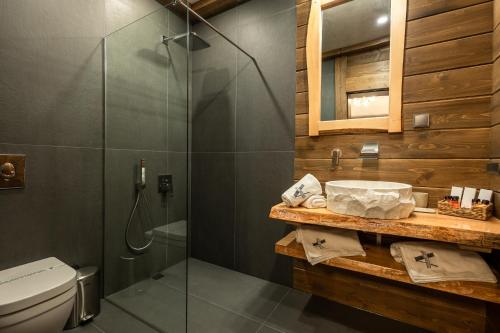 a bathroom with a shower and a sink and a toilet at V Chalet Residence in Velingrad