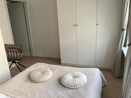 two white pillows on a bed in a room at Apartamentai Domus Antiqua in Zarasai