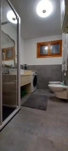a bathroom with a sink and a toilet and a mirror at Da Gemma in Alano di Piave