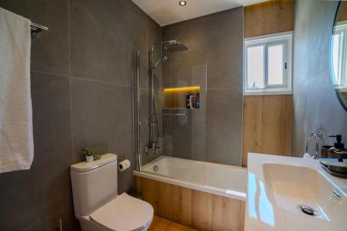 a bathroom with a toilet and a shower and a sink at Two Bedroom Apartment, Spacious & Newly Renovated, Three Minutes from the Beach in Limassol