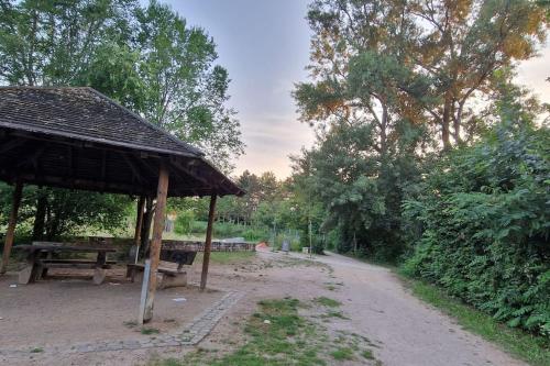 a picnic shelter with a picnic table and a path at Wohnen am See in Ingelheim am Rhein
