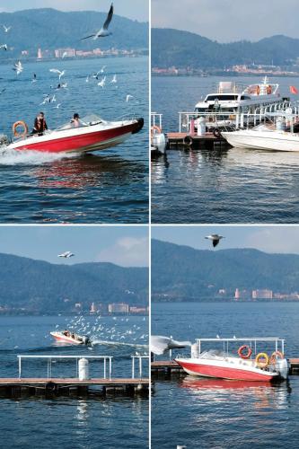 a group of four pictures of boats in the water at Nostalgia S Hotel Kunming Old Street 时光漫步S酒店 昆明火车北站穿心鼓楼地铁站店 Free fresh ground coffee,Free laundry service in Kunming