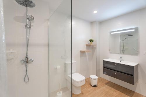 a bathroom with a shower and a toilet and a sink at Apto Tomasol in Los Cristianos