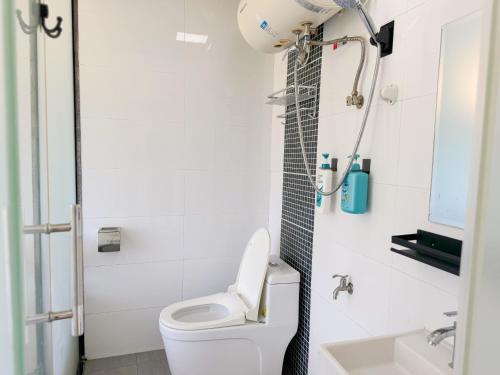 a bathroom with a toilet and a sink at Cloud Tree Inn Boutique Guesthouse XiChong DaPeng ShenZhen 深圳大鹏西涌云树里民宿Yun Shu Li in Shenzhen