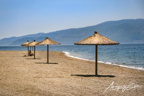 a row of straw umbrellas on a beach at Lovely sea apartment Amarynthos in Amarinthos