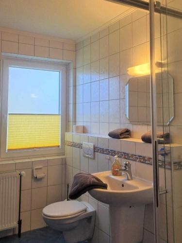 a bathroom with a toilet and a sink and a window at Haus Severin Whg Findling EG in Goting
