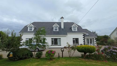a white house with a car parked in front of it at Bottega Guesthouse and Gallery in Gorey
