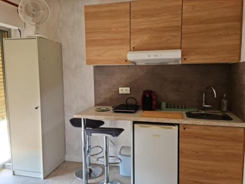 une cuisine avec un réfrigérateur blanc et un évier dans l'établissement Mini-studio équipé et rénové, à Balaruc-les-Bains