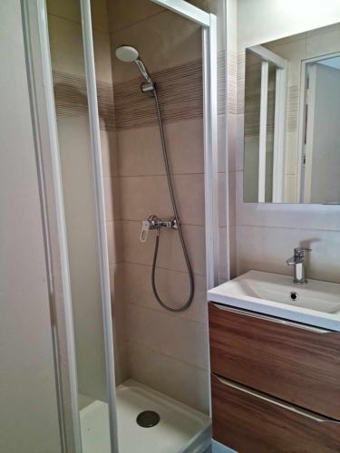 une salle de bain avec douche et lavabo dans l'établissement Mini-studio équipé et rénové, à Balaruc-les-Bains