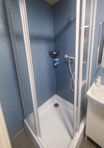 a shower with a glass door in a bathroom at Treestyle Deluxe Rooms in Budapest
