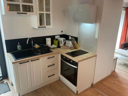 une cuisine avec un évier et une cuisinière four supérieur dans l'établissement La Maisonnette des Grèves, 8 min du Mont St Michel, à Courtils