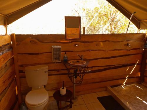 a bathroom with a toilet and a sink in a cabin at Little5 Camp in Hoedspruit
