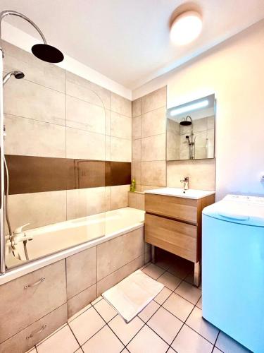 La salle de bains est pourvue d'une baignoire, d'un lavabo et d'une baignoire. dans l'établissement Studio Saint-Remi I Pommery, à Reims